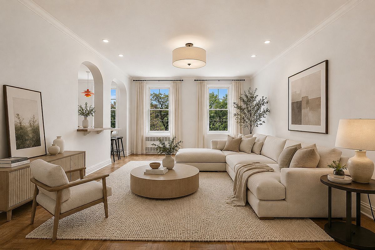 Interior of 360 Clinton Ave Unit 3T, a Clinton Hill pre-war co-op living room with arched plaster openings, original oak floors, crown molding, and tall windows looking onto tree canopy